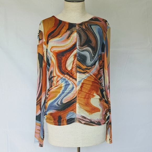 Bailey 44 Vanity Swirl Print Round Neck Mesh Overlay Ruched Center Multi L NWT - Picture 1 of 14